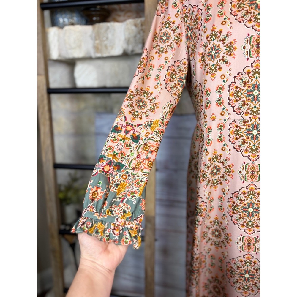 Boden Silk Blend Tapestry Print Ruffle Neck Maxi Dress Pink Multi Size 6 - Picture 10 of 16